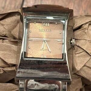 Geneva silver tone quartz cuff watch